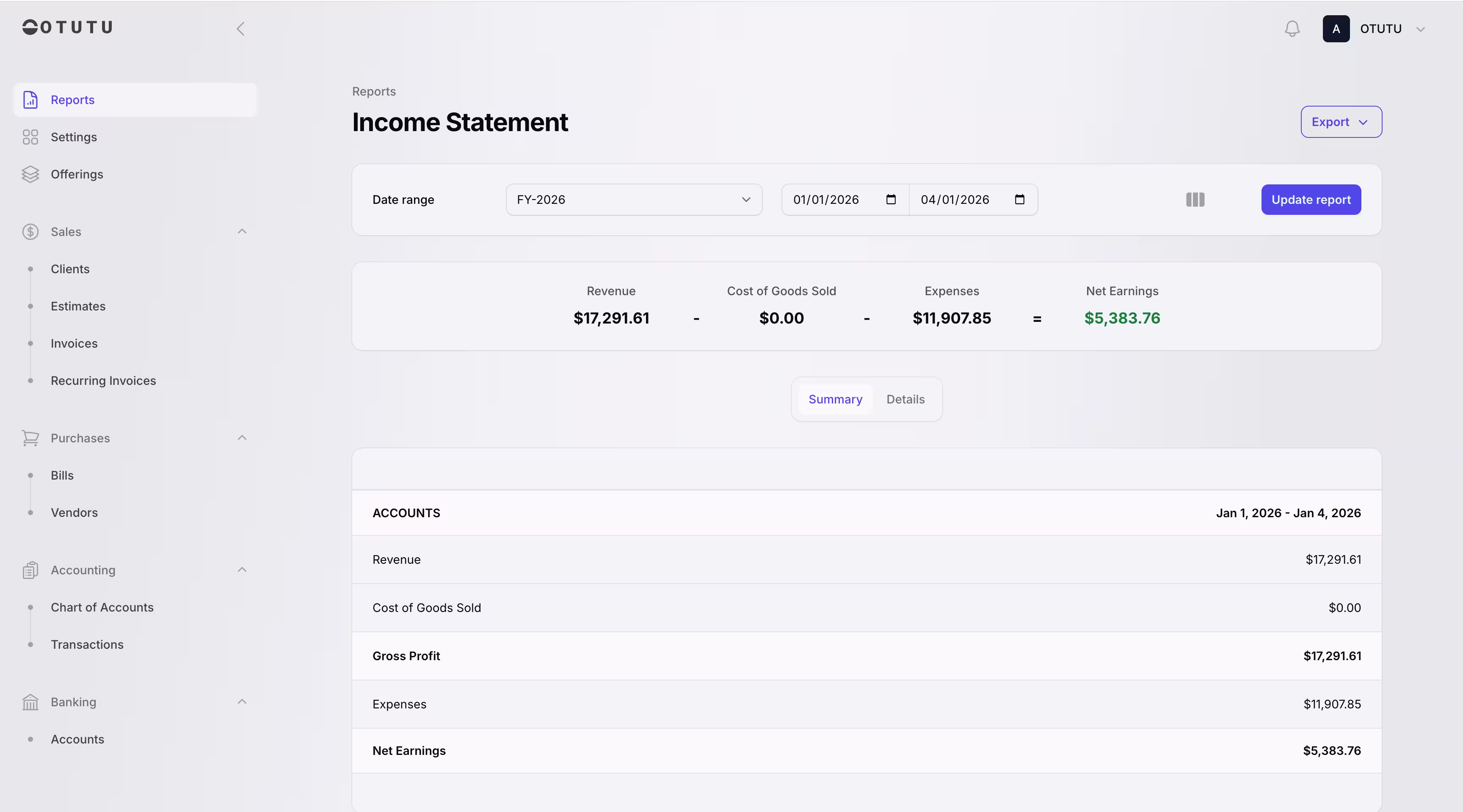 Otutu application screenshot